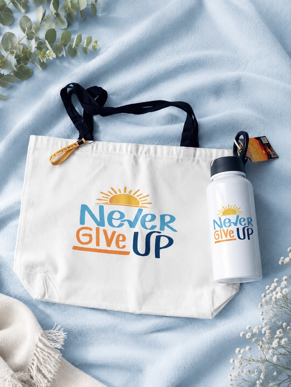 2-Set Never Give Up White Canvas Tote Bag with Black Handles & 32oz Thermo.